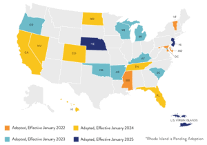 Map highlighting Nebraska, New Jersey, Minnesota, Rhode Island, and the U.S. Virgin Islands, the new states and territories requiring IAR CE in 2025.